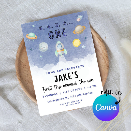 EDITABLE First Trip Around The Sun Birthday Invitation, Astronaut Invitation, Space 1st Birthday Invite Printable, Instant Download, I0006