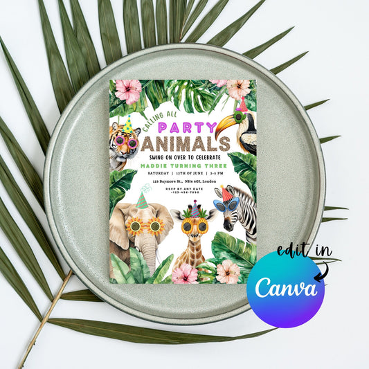 EDITABLE Calling All Party Animals Birthday Invitation, Safari Birthday Invitation, Jungle Birthday Invite, Instant Template Download, I0007