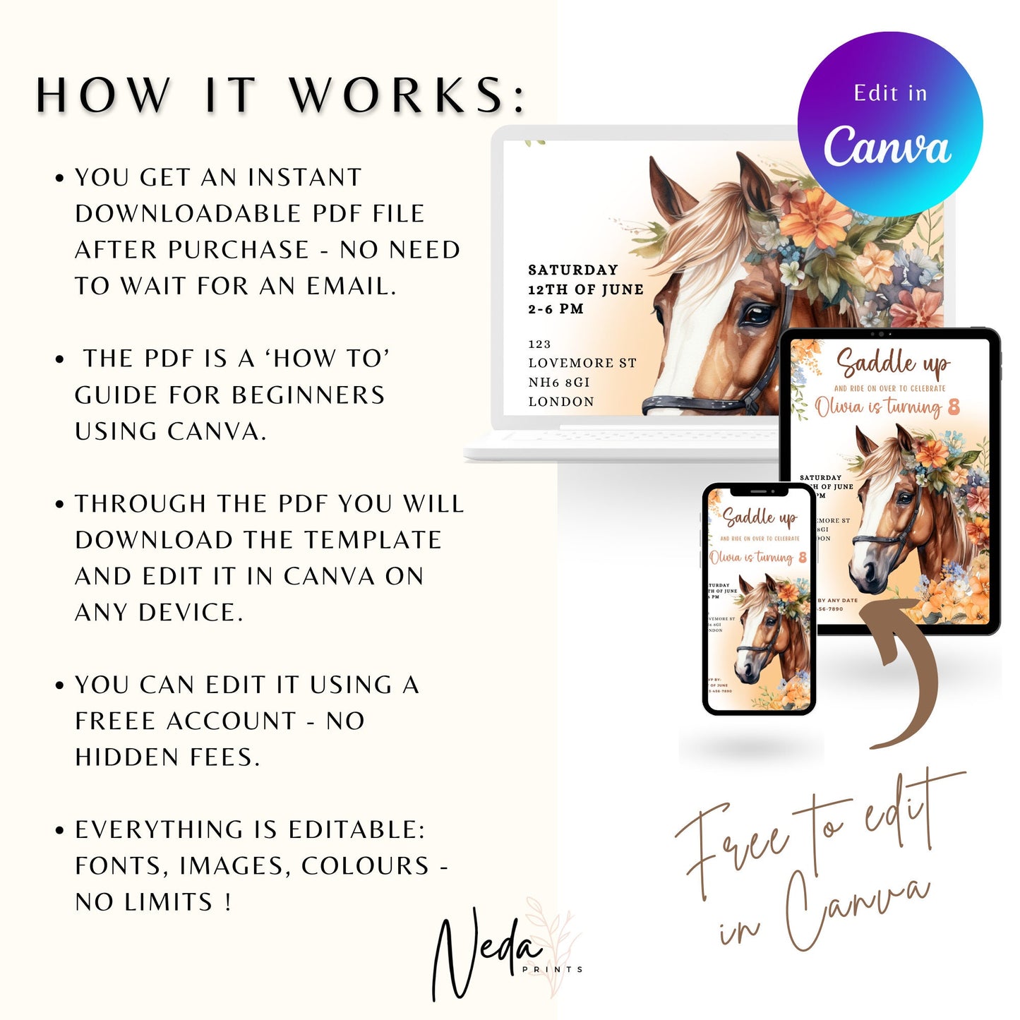 EDITABLE Horse Birthday Invitation, Cowgirl Birthday Party, Horse Birthday Invite, Girl Birthday Party Invite, Printable Download, I0039