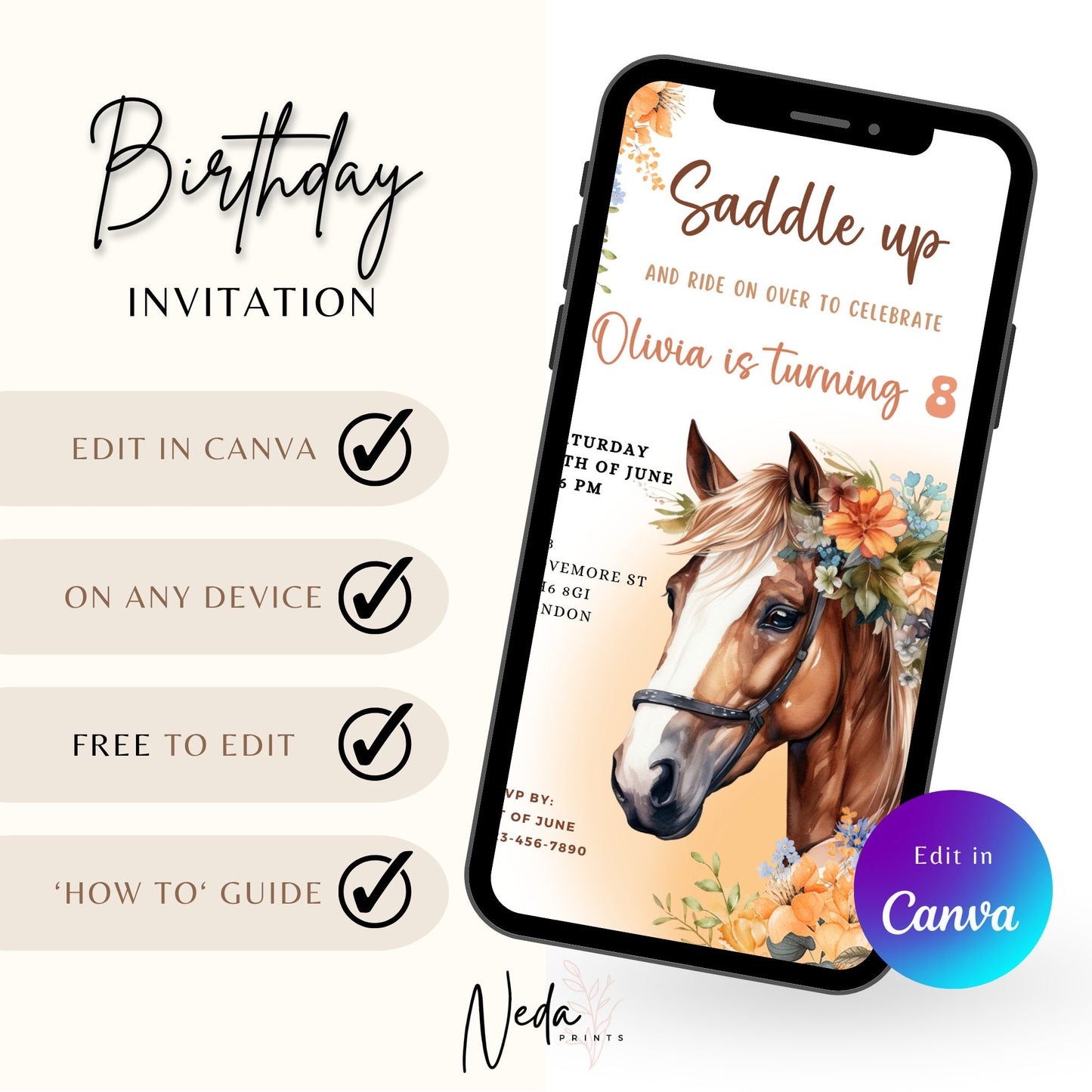 EDITABLE Horse Birthday Invitation, Cowgirl Birthday Party, Horse Birthday Invite, Girl Birthday Party Invite, Printable Download, I0039