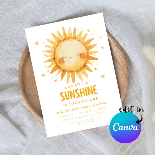 EDITABLE Our Little Sunshine Birthday Invite, 1st Birthday Invite, Sun Invitation, Sunshine Birthday, 1st Birthday, Printable Template I0012