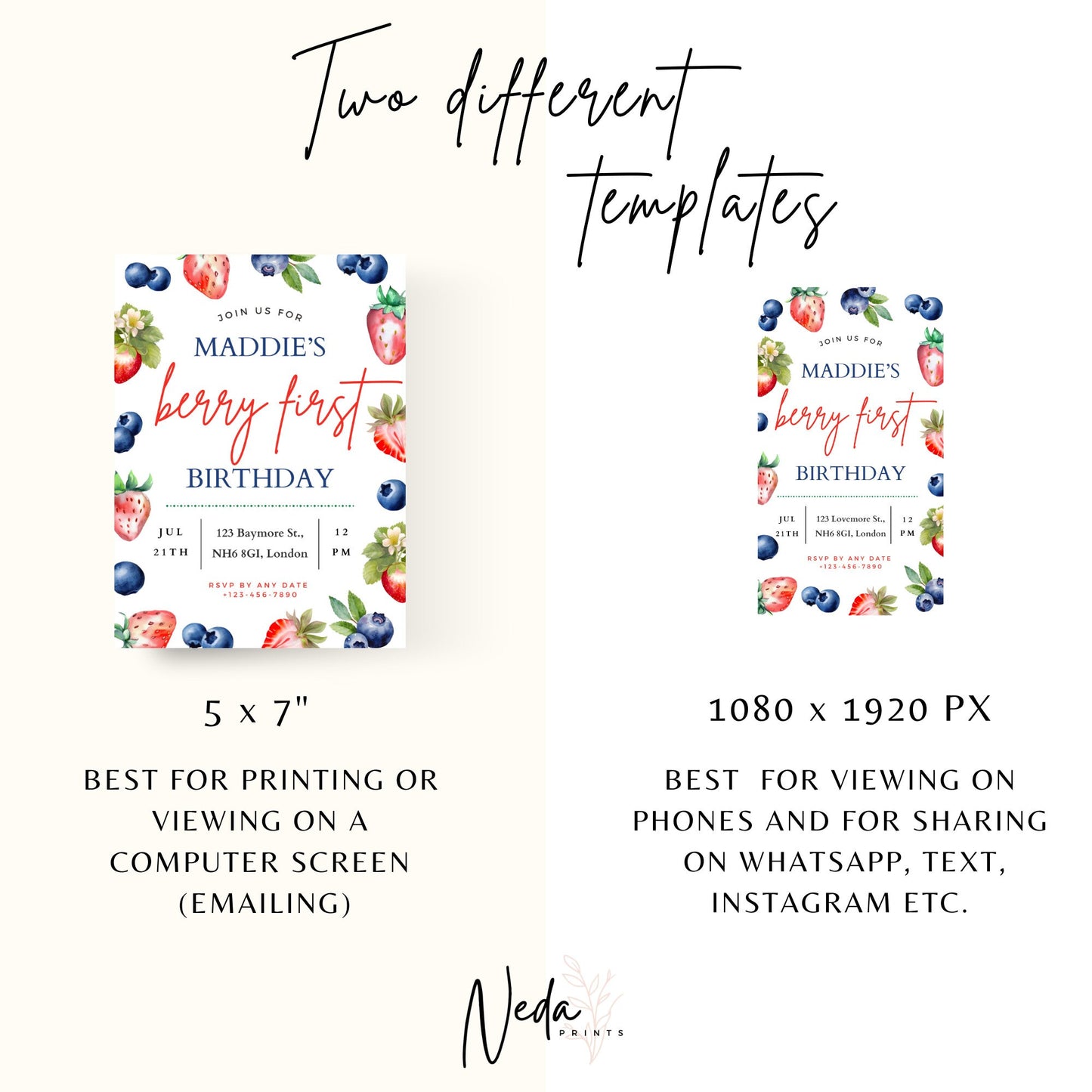 EDITABLE Berry First Birthday Invitation Template, Strawberry 1st Birthday Invite, Printable Girl Invite, First Birthday, Download, I0049