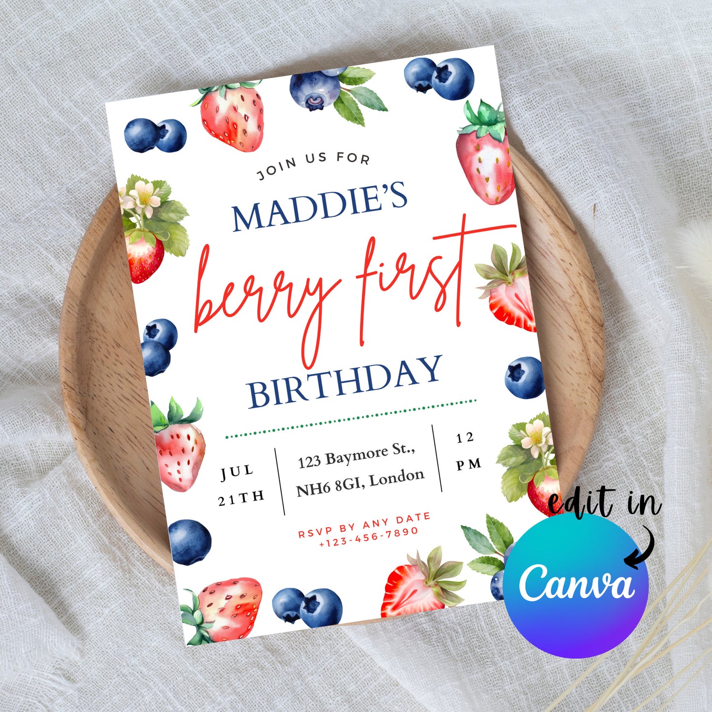 EDITABLE Berry First Birthday Invitation Template, Strawberry 1st Birthday Invite, Printable Girl Invite, First Birthday, Download, I0049