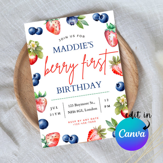 EDITABLE Berry First Birthday Invitation Template, Strawberry 1st Birthday Invite, Printable Girl Invite, First Birthday, Download, I0049