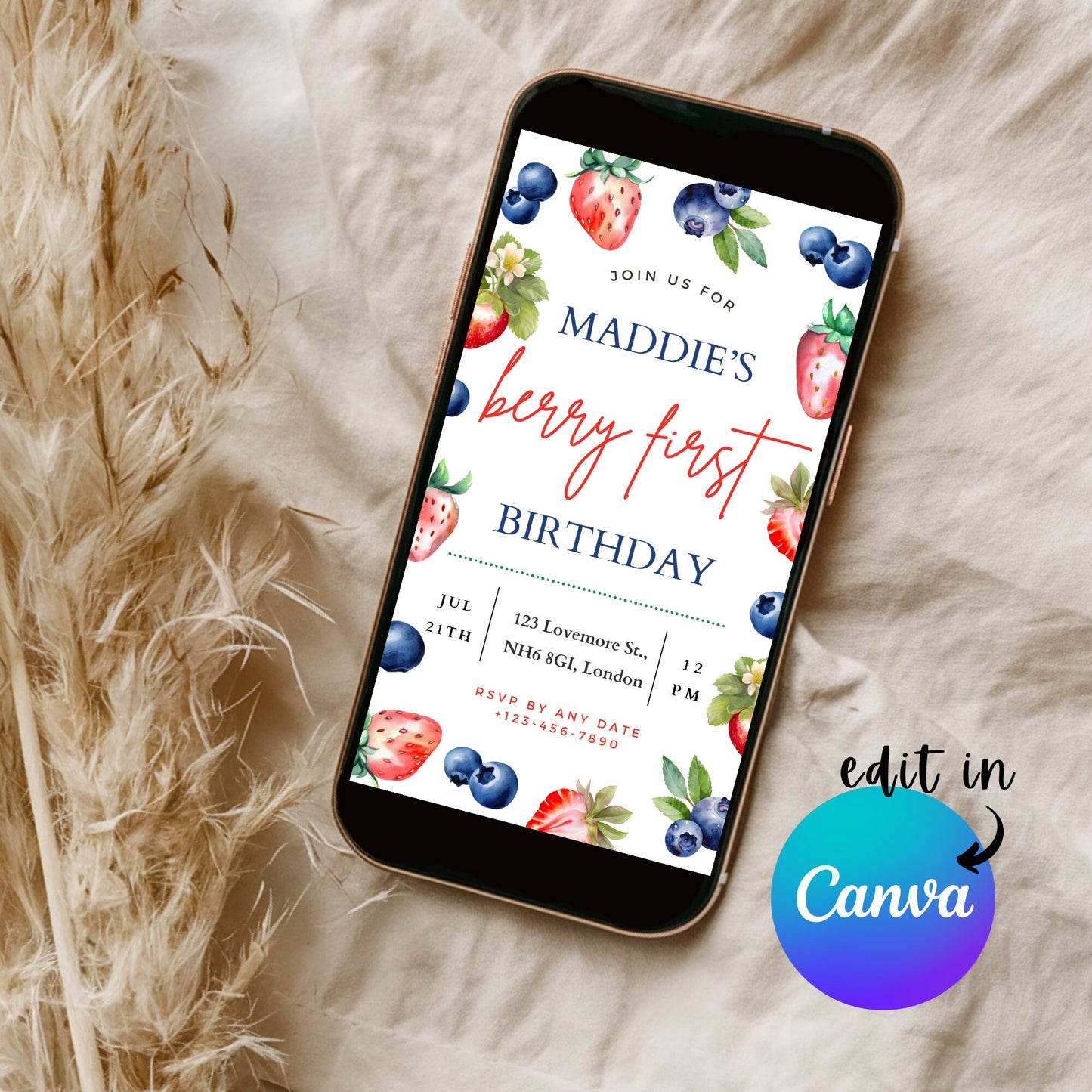 EDITABLE Berry First Birthday Invitation Template, Strawberry 1st Birthday Invite, Printable Girl Invite, First Birthday, Download, I0049