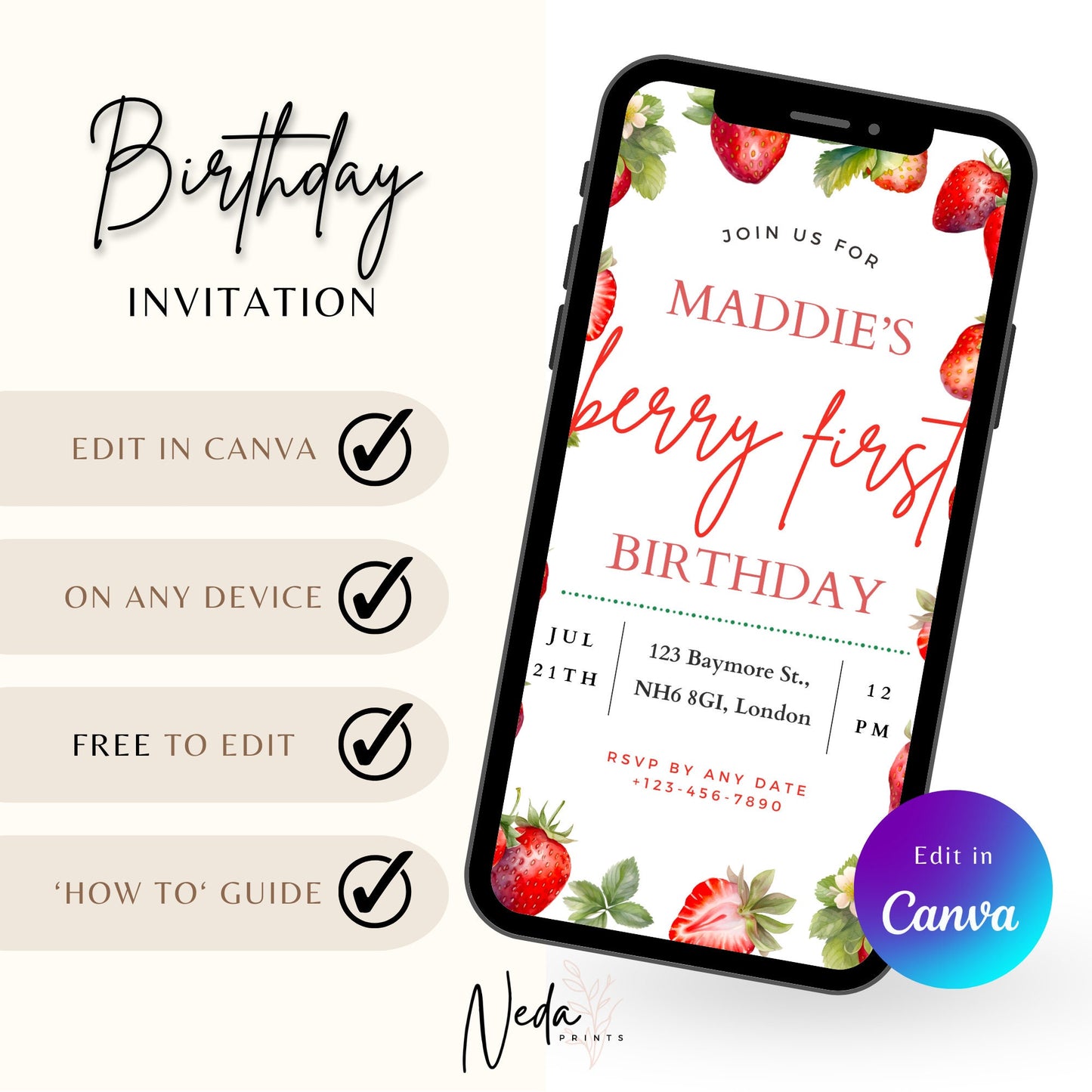 EDITABLE Berry First Birthday Invitation Template, Strawberry 1st Birthday Invite, Strawberry invitation First Birthday party Download I0051