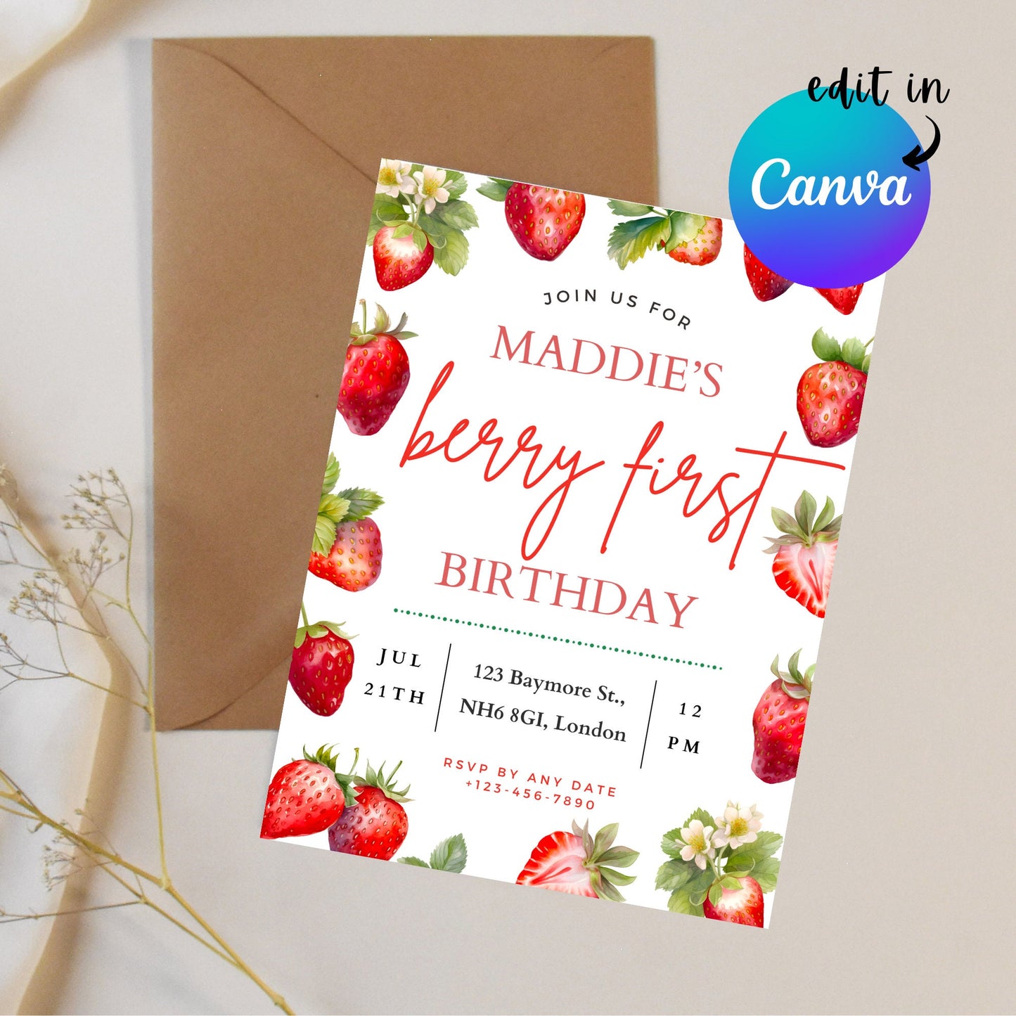 EDITABLE Berry First Birthday Invitation Template, Strawberry 1st Birthday Invite, Strawberry invitation First Birthday party Download I0051