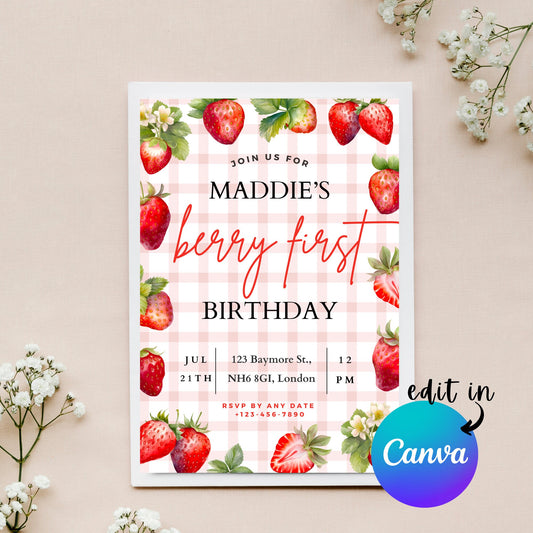 EDITABLE Berry First Birthday Invitation Template, Strawberry 1st Birthday Invite, Strawberry invitation First Birthday party Download I0052