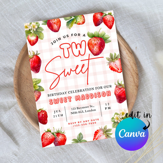 EDITABLE Two Sweet Birthday Invitation, Second Strawberry Birthday Invite, 2nd Strawberry invitation, Second Birthday party, Download I0053