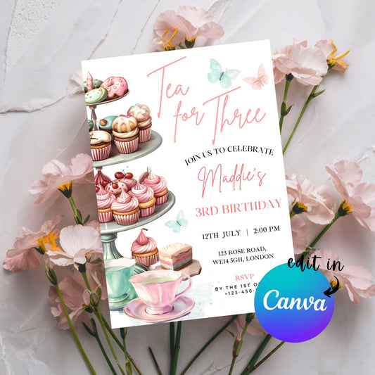 EDITABLE Tea For Three Birthday Invitation, 3rd Tea Party Birthday, Princess Party, Tea Party Invitation, High Tea Party, Download, I0054