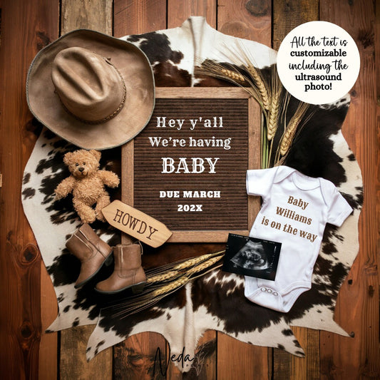 EDITABLE Cowboy Baby Pregnancy Announcement, Western Baby announcement, Cowboy Pregnancy, Our First Rodeo, Social Media announcement, 0318