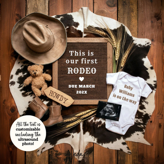 EDITABLE Cowboy Baby Pregnancy Announcement, Western Baby announcement, Cowboy Pregnancy, Our First Rodeo, Social Media announcement, 0319