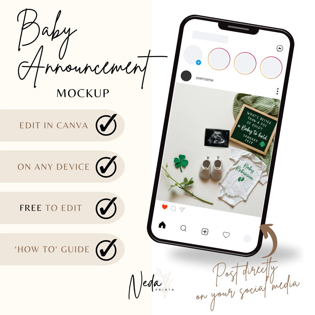 EDITABLE Lucky Charm Baby Neutral Pregnancy Announcement Digital,  St Patrick Digital Baby announcement, Social Media announcement 0322