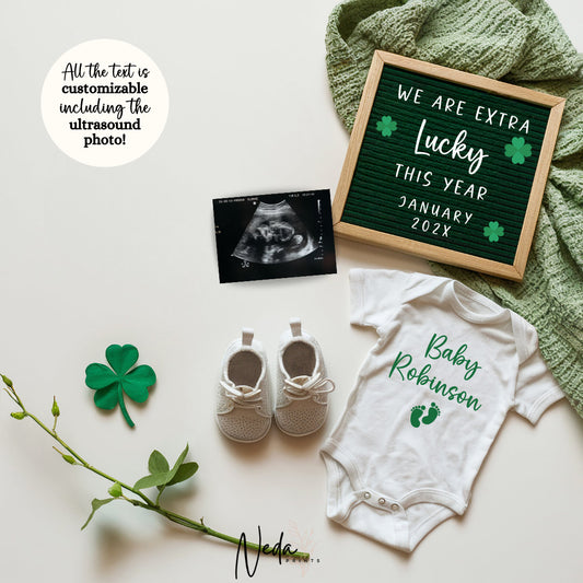 EDITABLE Lucky Charm Baby Neutral Pregnancy Announcement Digital,  St Patrick Digital Baby announcement, Social Media announcement 0323