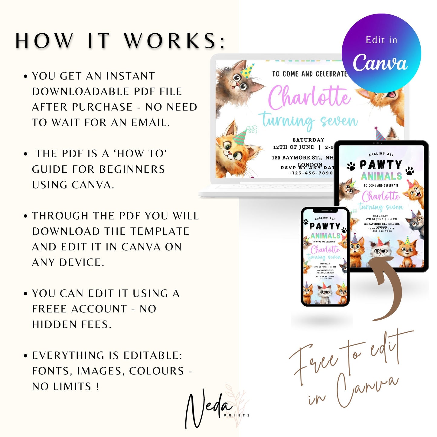 EDITABLE Pawty Animals Birthday Invitation, Cat Birthday Party, Kitten Party Invite, Cat Invitation, Kitty Cat Invite Instant Download I0016