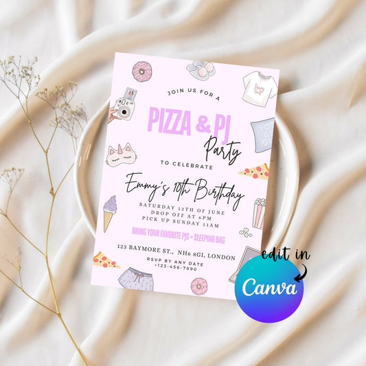 EDITABLE Pizza and Pj Party Birthday Invitation, Sleepover Birthday Party, Pyjamas party, Girl Spa Slumber Party, Instant Download, I0013