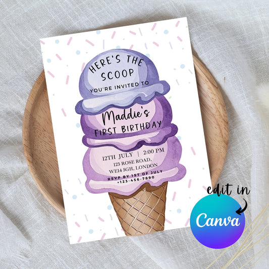 EDITABLE Summer Ice Cream Birthday Invitation, Ice cream themed party, Here's the scoop, 1st Girl Birthday Invite, Printable Template I0058