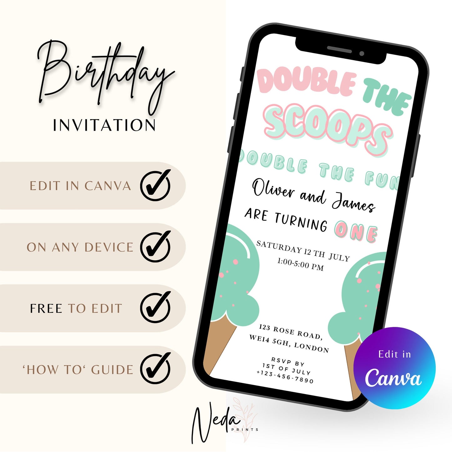 EDITABLE Twin Girl Summer Ice Cream Birthday Invitation, Ice cream party, Here's the scoop 1st twin Birthday Invite Printable Template I0064