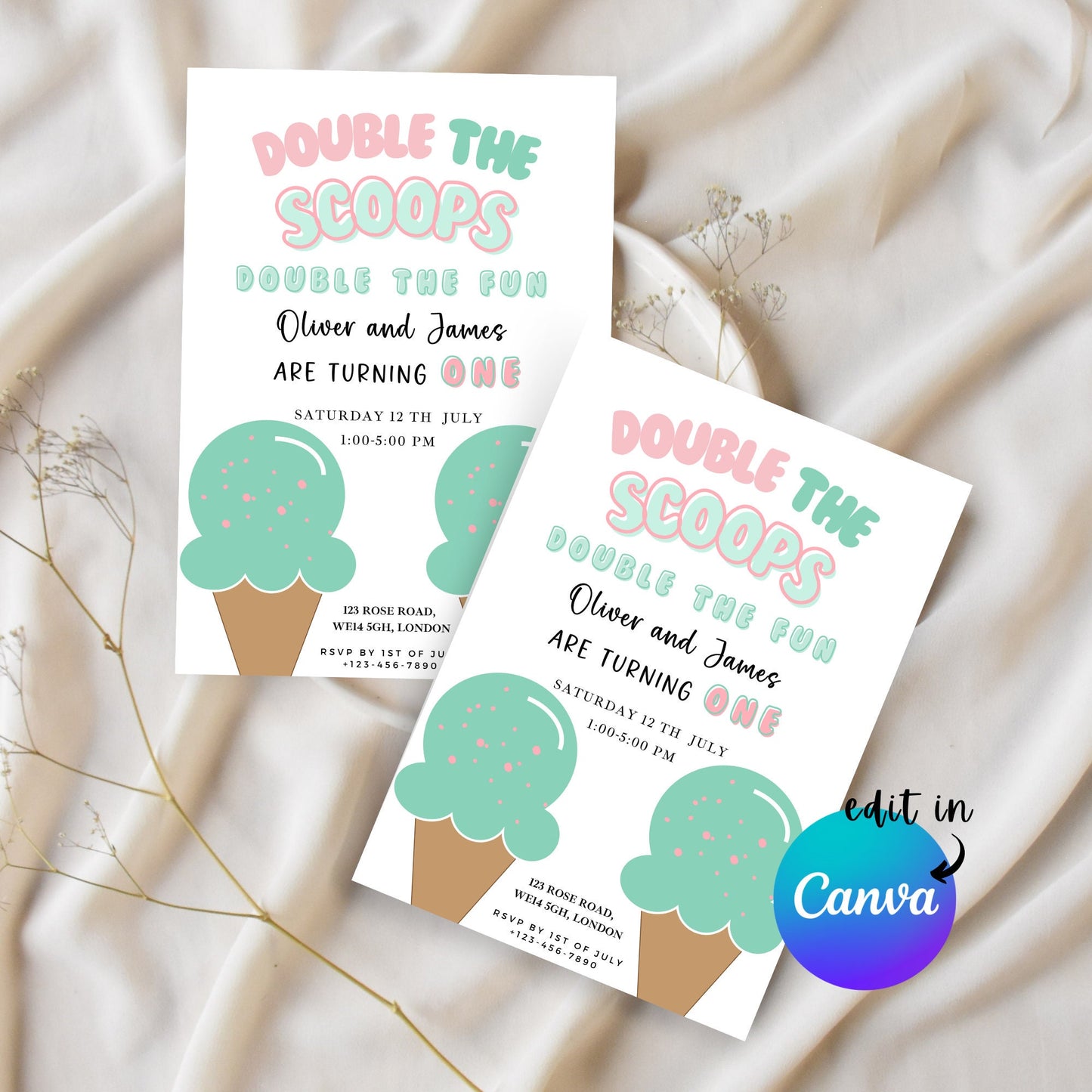 EDITABLE Twin Girl Summer Ice Cream Birthday Invitation, Ice cream party, Here's the scoop 1st twin Birthday Invite Printable Template I0064