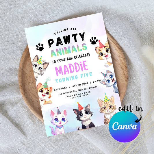 EDITABLE Pawty Animals Birthday Invitation, Cat Birthday Party, Kitten Party Invite, Cat Invitation, Kitty Cat Invite Instant Download I0017
