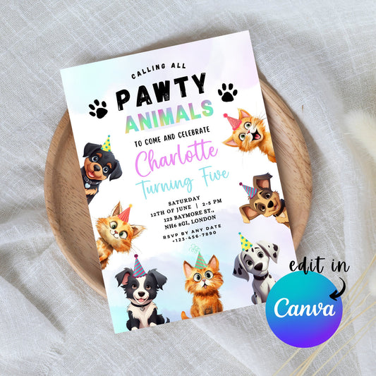 EDITABLE Pawty Animals Birthday Invitation, Dog Cat Birthday Party, Puppy Kitten Party Invite, Pet birthday Invite Instant Download I0021