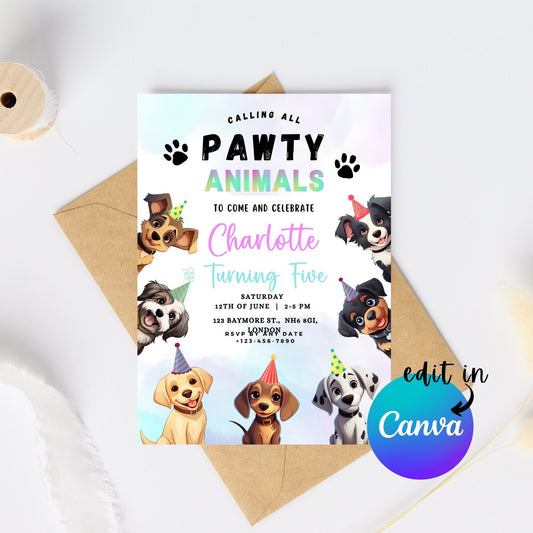 EDITABLE Pawty Animals Birthday Invitation, Dog Birthday Party, Puppy Party Invite, Dog Invitation Puppy party Invite Instant Download I0019