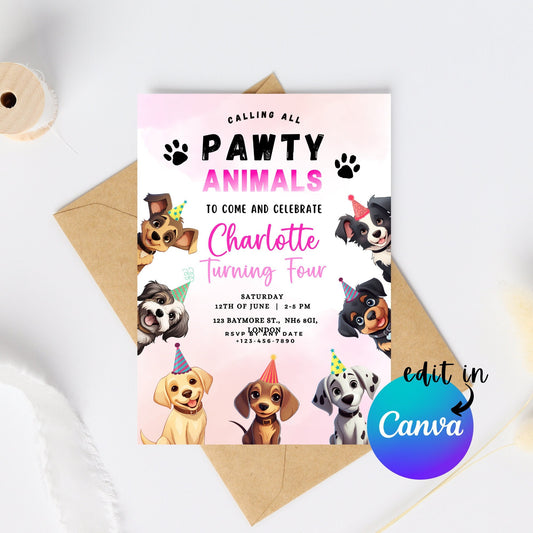 EDITABLE Pawty Animals Birthday Invitation, Dog Birthday Party, Puppy Party Invite, Dog Invitation Puppy party Invite Instant Download I0018