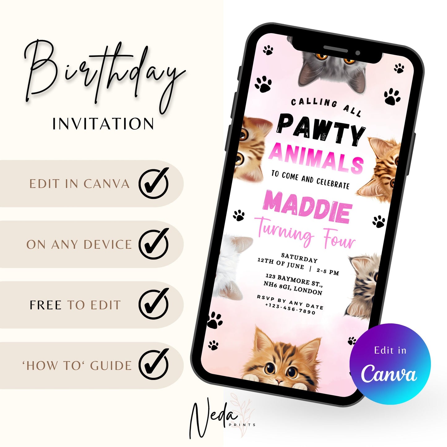 EDITABLE Pawty Animals Birthday Invitation, Cat Birthday Party, Kitten Party Invite, Cat Invitation, Kitty Cat Invite Instant Download I0025