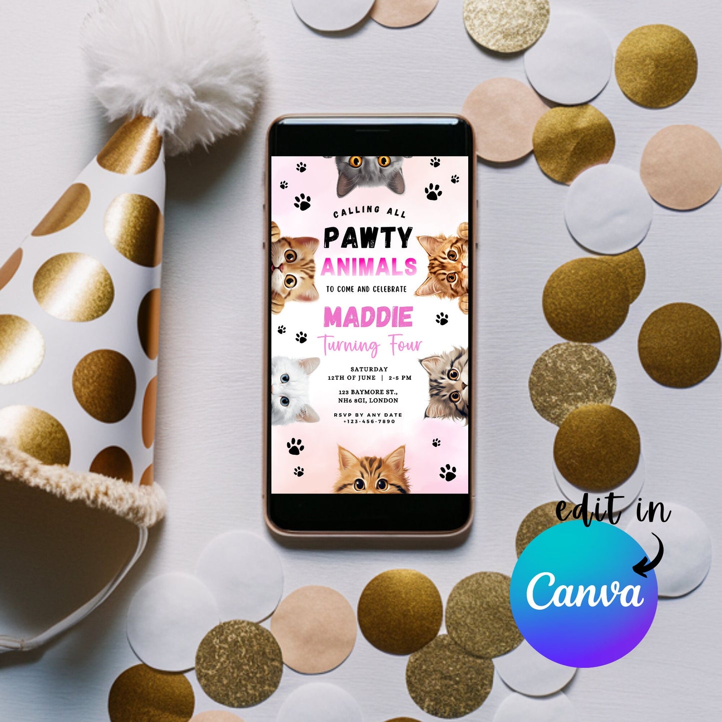 EDITABLE Pawty Animals Birthday Invitation, Cat Birthday Party, Kitten Party Invite, Cat Invitation, Kitty Cat Invite Instant Download I0025