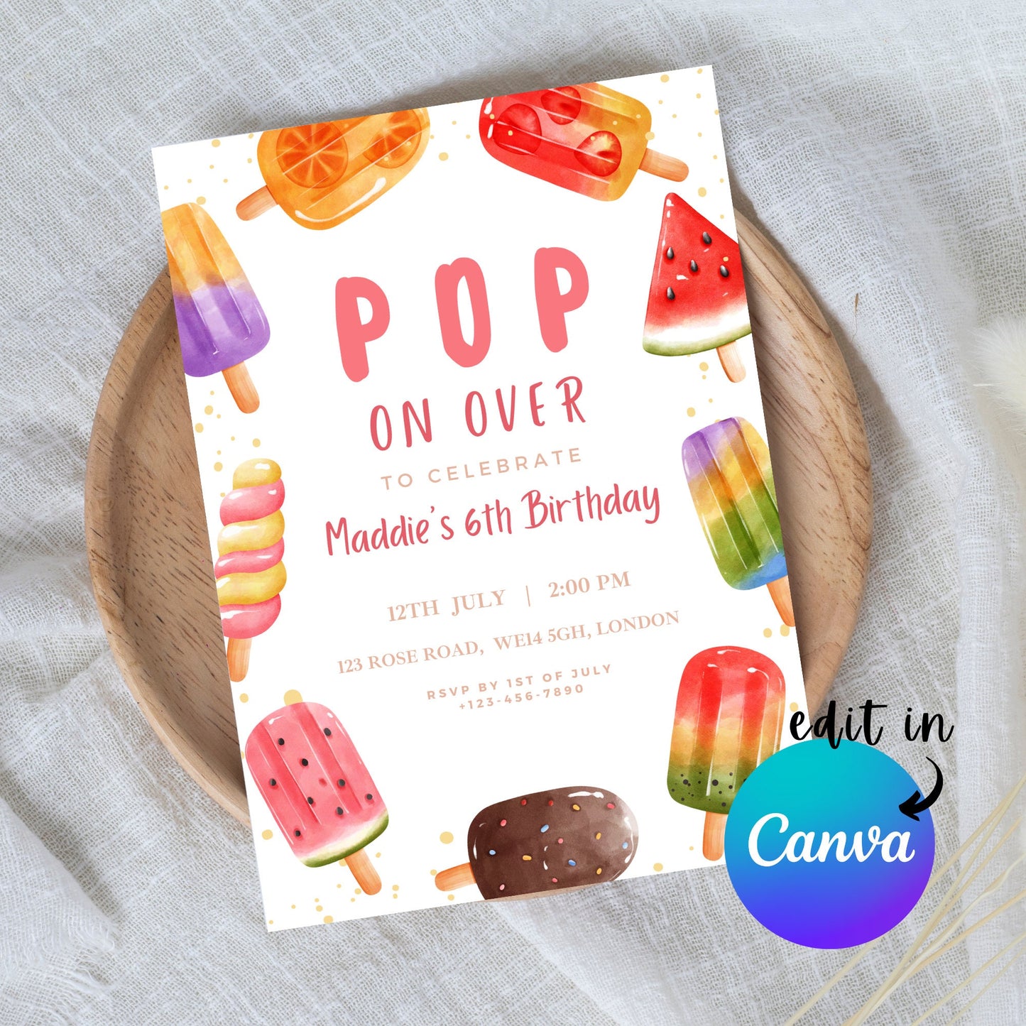 EDITABLE Popsicle Summer Ice Cream Birthday Invitation, Pop Ice cream themed party, Here's the scoop, Girl Birthday Invite, Template I0069