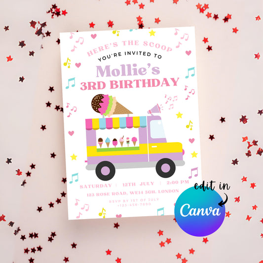 EDITABLE Summer Ice Cream Birthday Invitation, Ice cream van themed party, Here's the scoop, Girl Birthday Invite, Printable Template I0071