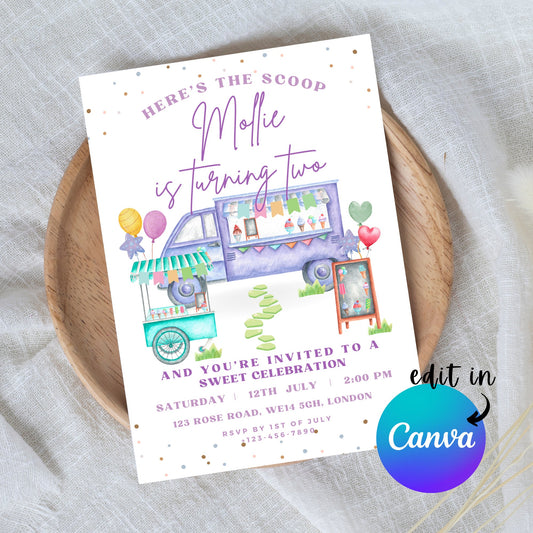 EDITABLE Summer Ice Cream Birthday Invitation, Ice cream van themed party, Here's the scoop, Girl Birthday Invite, Printable Template I0072