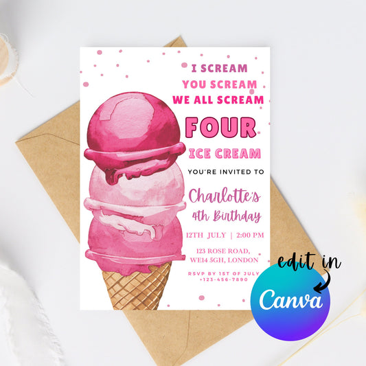 EDITABLE Summer 4th Ice Cream Birthday Invitation, Ice cream themed party, Here's the scoop, Girl fourth Birthday Invite, Template I0073