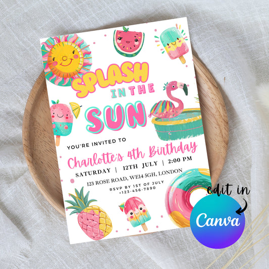 EDITABLE Summer Beach Pool Birthday Invitation Girl Birthday Invite Pool Party Birthday Splish splash swimming Birthday Party Download I0076