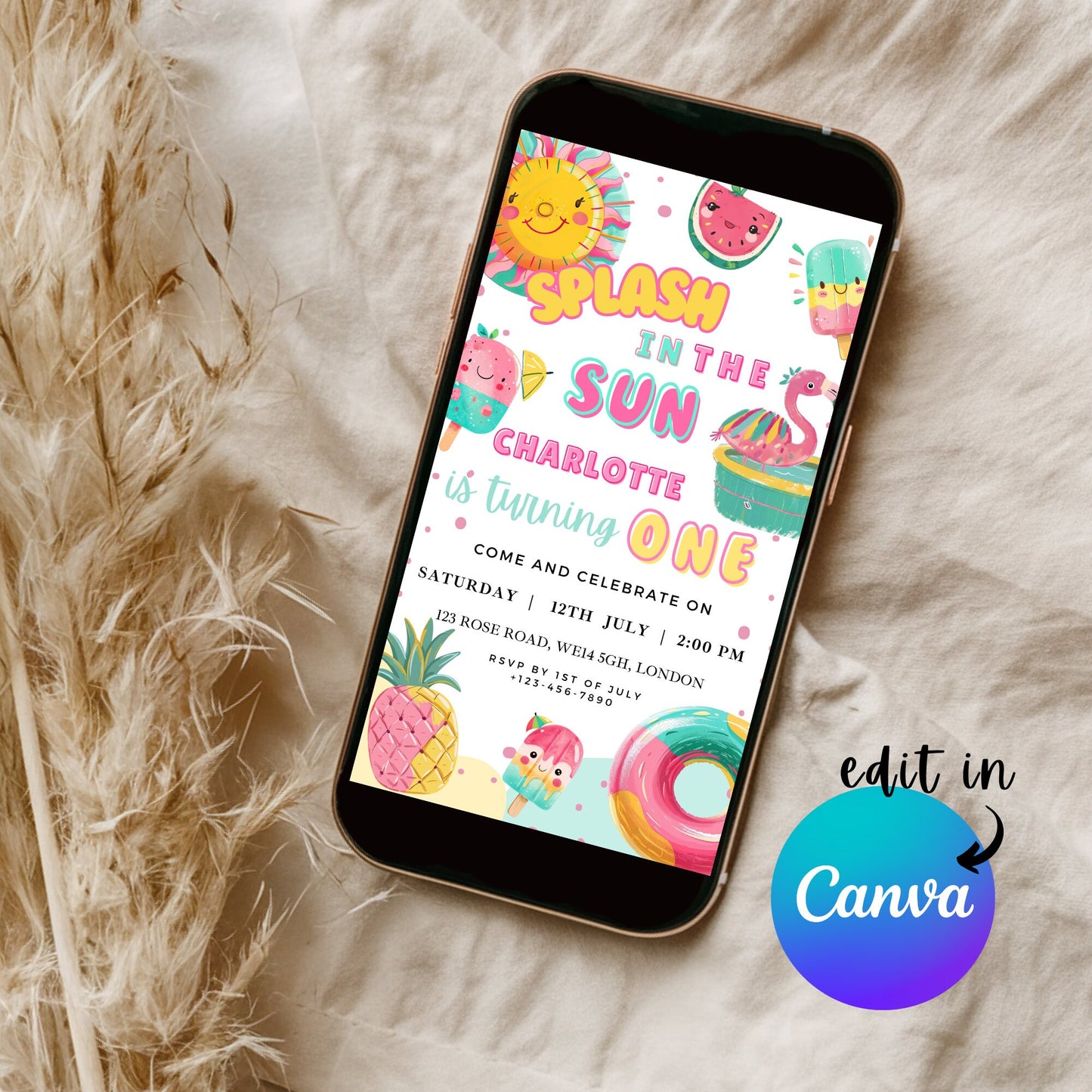 EDITABLE First Summer Beach Birthday Invitation 1st Birthday Invite Pool Party Birthday Splish splash swimming Birthday Party Download I0077