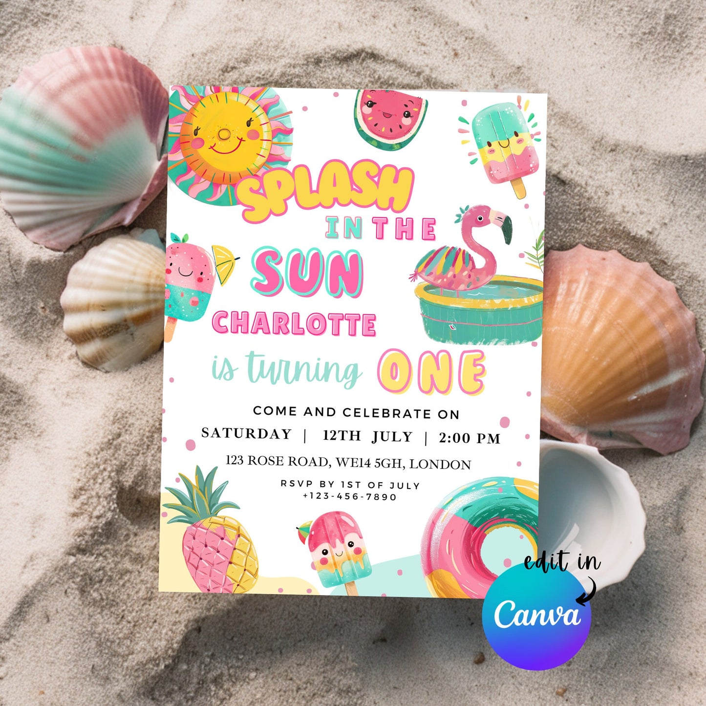 EDITABLE First Summer Beach Birthday Invitation 1st Birthday Invite Pool Party Birthday Splish splash swimming Birthday Party Download I0077