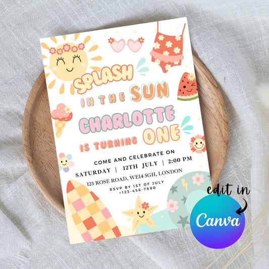 EDITABLE First Summer Beach Birthday Invitation 1st Birthday Invite Pool Party Birthday Splish splash swimming Birthday Party Download I0078