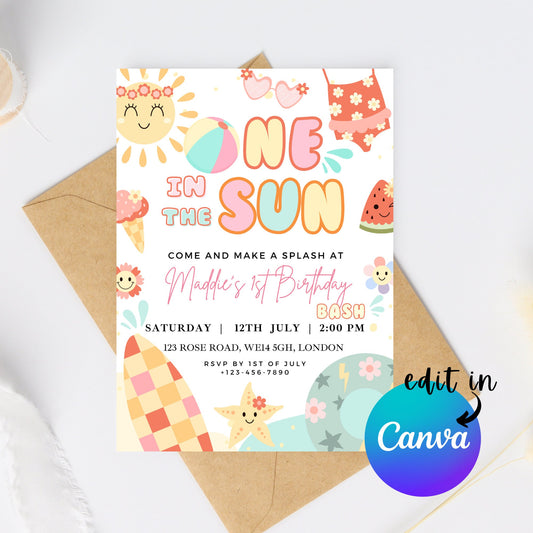 EDITABLE First Summer Beach Birthday Invitation 1st Birthday Invite Pool Party Birthday Splish splash swimming Birthday Party Download I0081