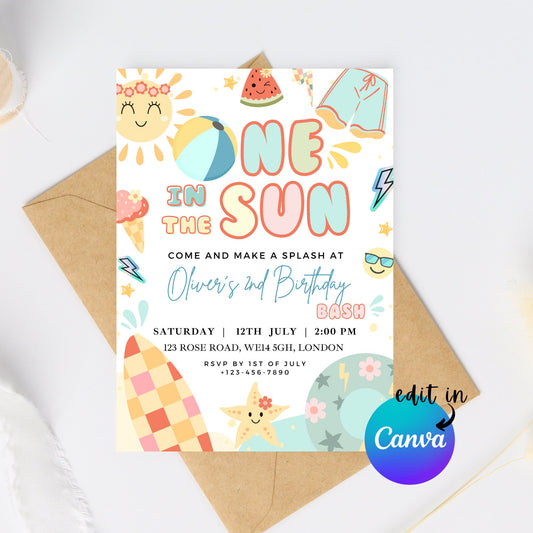 EDITABLE First Boy Summer Beach Birthday Invitation, 1st Birthday Invite, First Pool Party Birthday, Swimming Birthday Party Download I0085