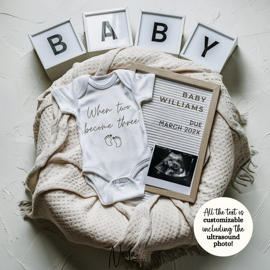 EDITABLE Neutral When Two Become Three Pregnancy Announcement, Digital Baby Pregnancy Announcement Social Media Insta Download Template 0420