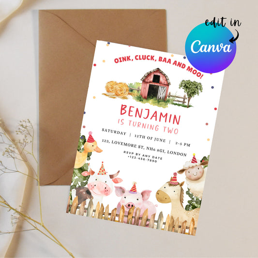 EDITABLE Farm Boy Birthday Invitation, 2nd Farm Animal Birthday Invitation, Barnyard Birthday Invite, Party Animals, Instant Download, I0037