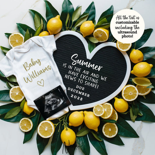 EDITABLE Summer Lemon Pregnancy Announcement Digital, Baby announcement, Pregnancy Reveal, Customizable Maternity Announcement Download 0241
