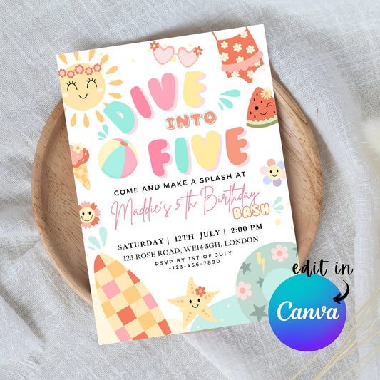 EDITABLE Dive Into Five Summer Birthday Invitation, 5th Birthday Invite, Fifth Pool Party Birthday, Swimming Birthday Party Download I0088