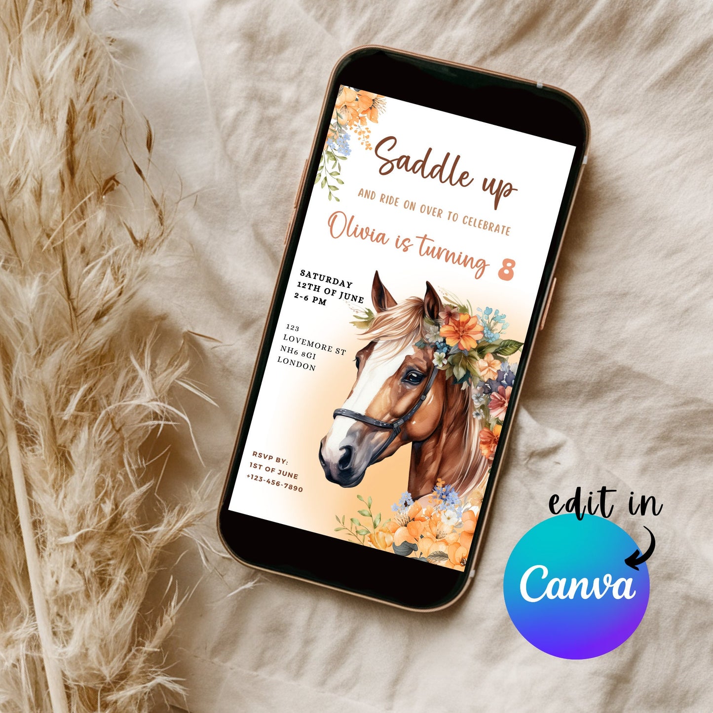 EDITABLE Horse Birthday Invitation, Cowgirl Birthday Party, Horse Birthday Invite, Girl Birthday Party Invite, Printable Download, I0039