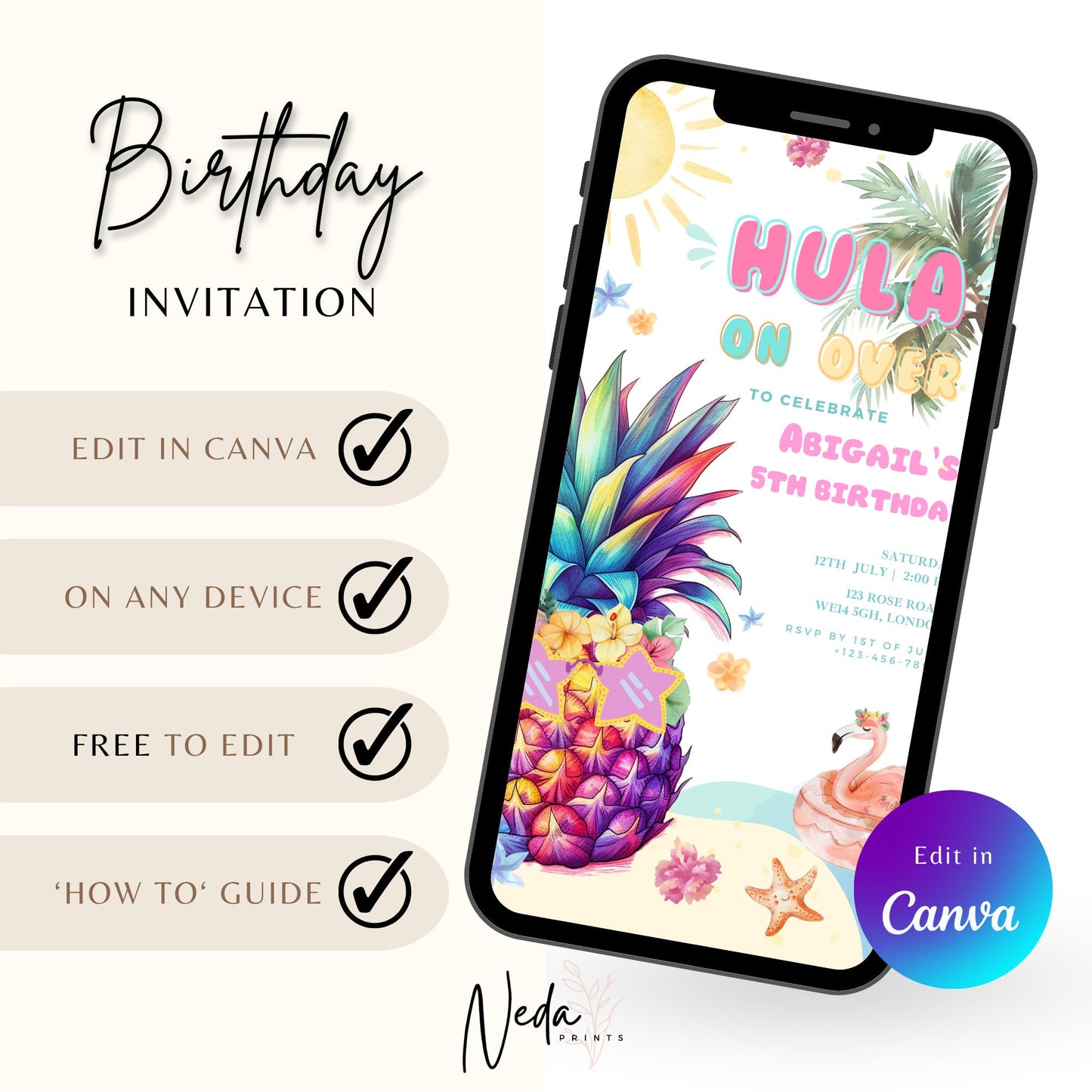 EDITABLE Aloha Tropical Hawaiian Birthday invite, Pool Party Hawaii Invite, Hula Birthday Party, Luau invitation, Beach Party Download I0094