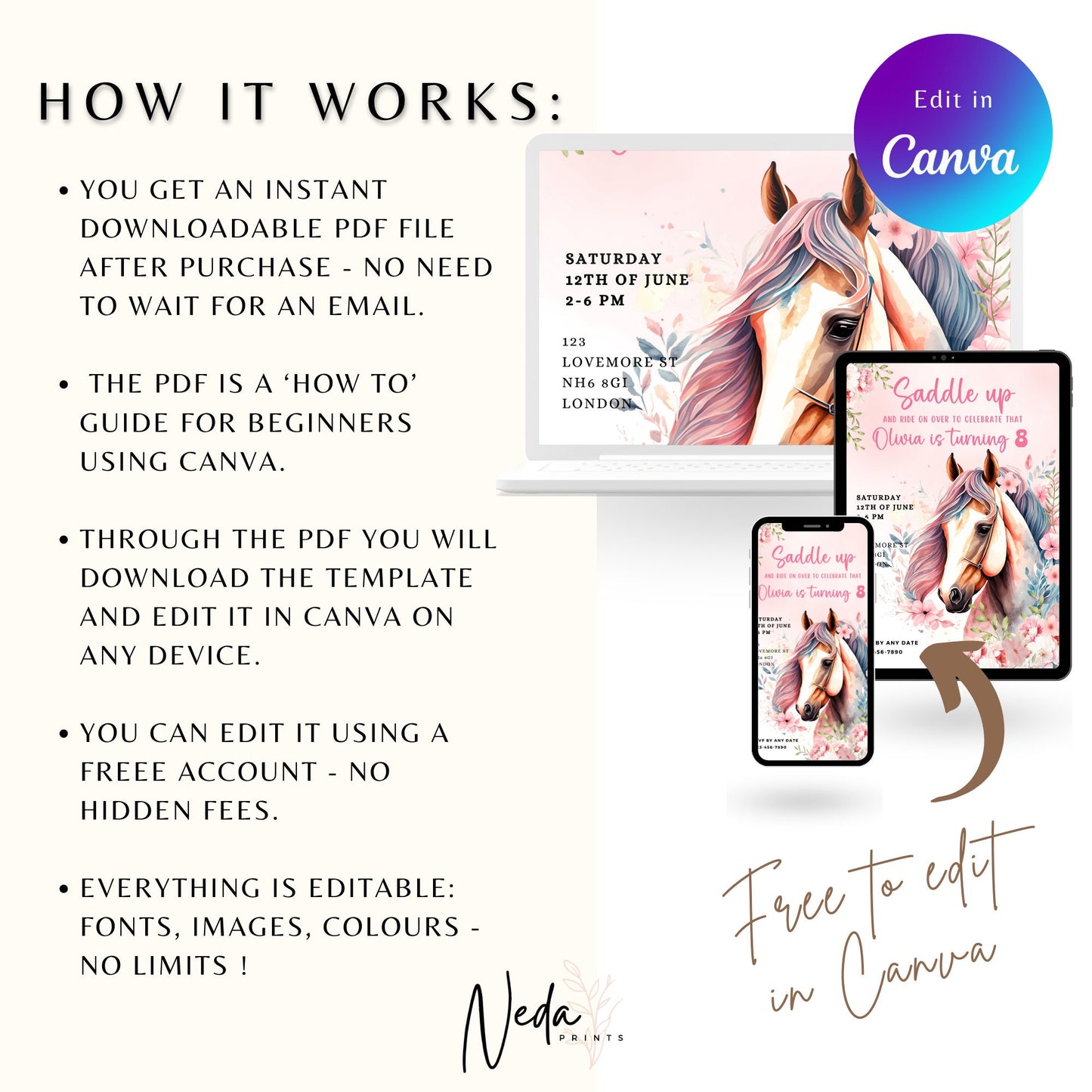 EDITABLE Horse Birthday Invitation, Cowgirl Birthday Party, Horse Birthday Invite, Girl Birthday Party Invite Printable Download, I0041