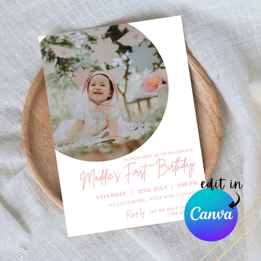 EDITABLE First Second Birthday Photo Invitation, 1st 2nd Girl Birthday Invite, Minimal Girl Birthday invite, Instant Download Template I0100
