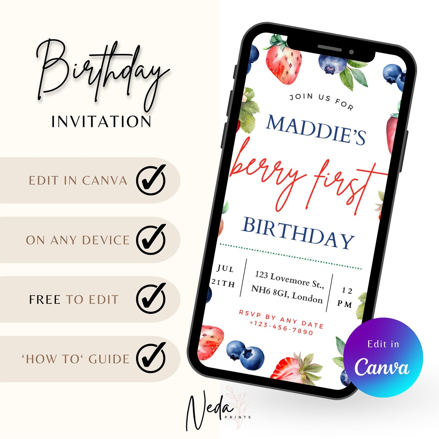 EDITABLE Berry First Birthday Invitation Template, Strawberry 1st Birthday Invite, Printable Girl Invite, First Birthday, Download, I0049