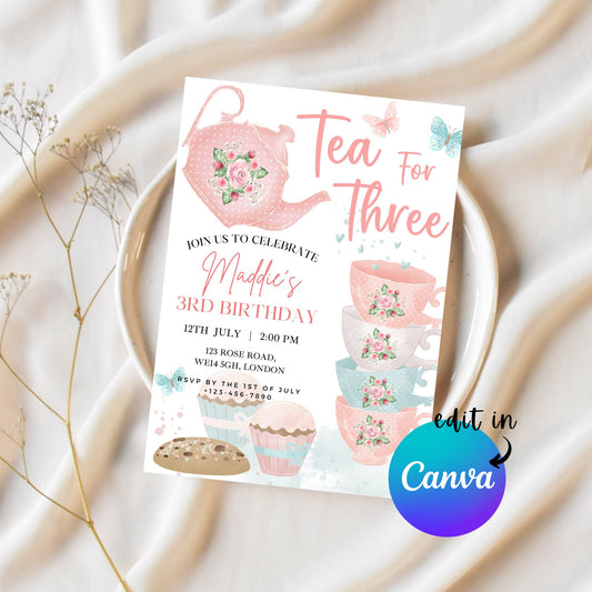 EDITABLE Tea For Three Birthday Invitation, 3rd Tea Party Birthday, Princess Party, Tea Party Invitation, High Tea Party, Download, I0055