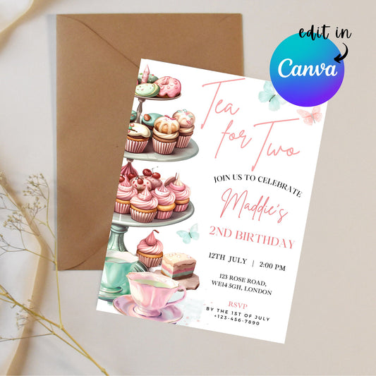 EDITABLE Tea For Two Birthday Invitation, 2nd Tea Party Birthday, Princess Party, Second Tea Party Invitation, High Tea Party Download I0056
